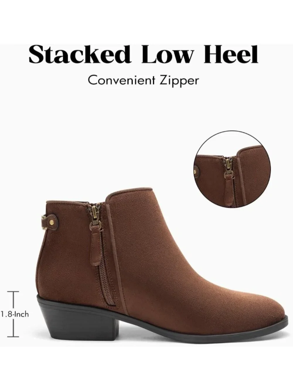 Women's Coffee Chunky Low Heel Side Zipper Fall Dress Pointed Toe Short Boots